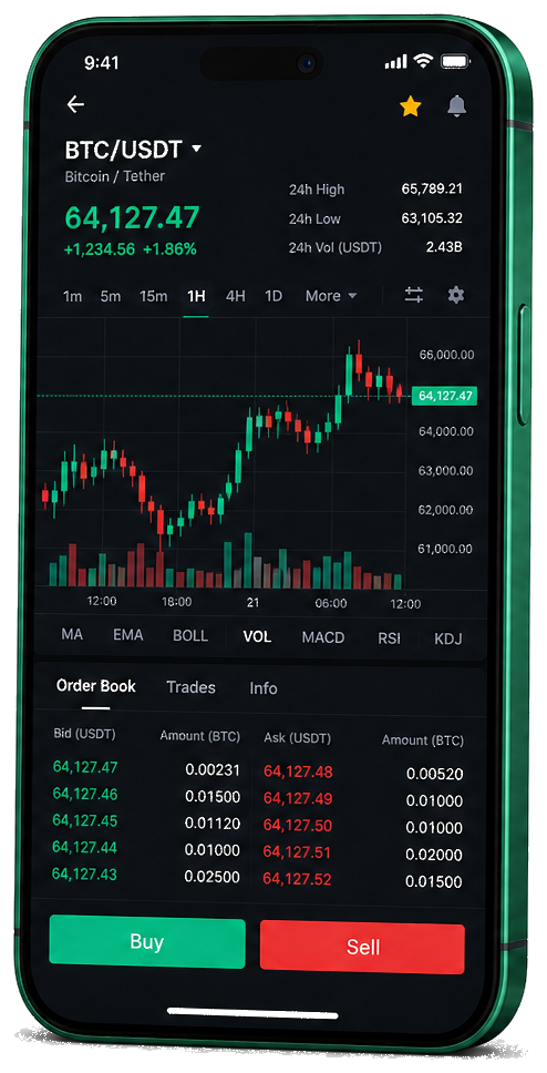 Plateforme mobile de trading Corvus Intelligence — graphique BTC/USDT en temps réel, carnet d’ordres et interface d’achat/vente